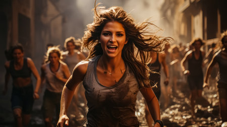 People running in panic on the streets and a young woman with dirty clothesの素材