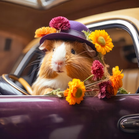 Guinea pig with hat and flowers in vintage car, vintage styleの素材