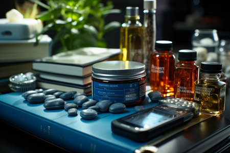 Pharmacy theme with medicine bottles, pills, capsules and tabletsの素材