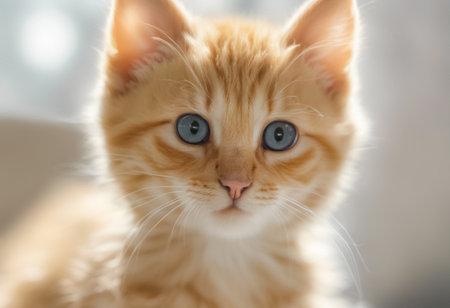 Cute ginger kitten with blue eyes on blurred background, closeupの素材