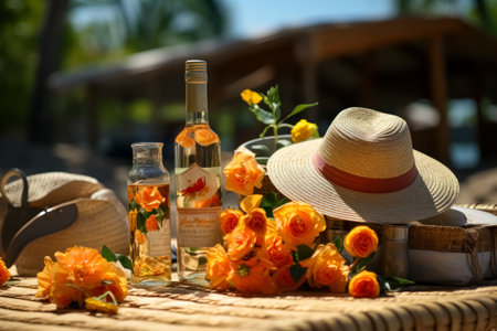 summer still life with a bottle of wine, hat and flowersの素材