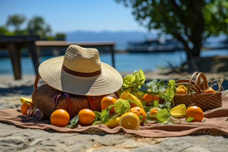 Summer picnic on the beach. Straw hat, wicker basket with lemons, oranges and herbs.の素材