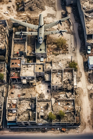 Aerial view of a drone flying over the ruins of an old buildingの素材