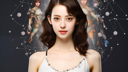 beauty, people and technology concept - close up of beautiful young asian woman in white dressの素材