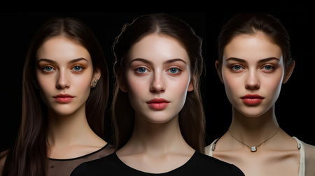 Portrait of three beautiful young women in studio on black background.の素材