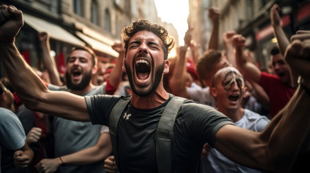 Fans are celebrating the championship in the streets. Thousands of fans are having fun in the city with their flags.の素材