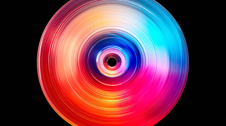 Colorful spinning disc on a black background, closeup of photoの素材