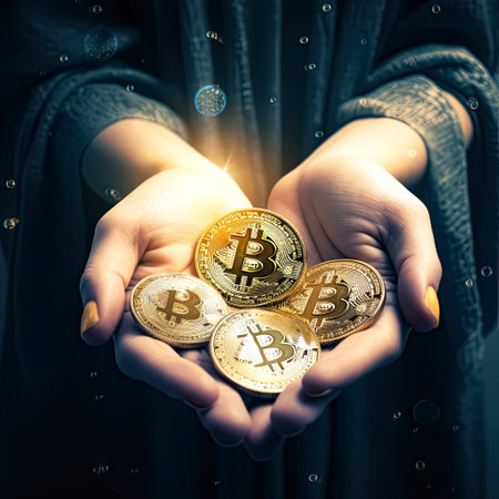Bitcoin in the hands of a girl on a dark background. Cryptocurrency.の素材