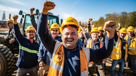 Group of workers on a construction site rejoicing with arms raised.の素材