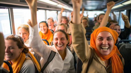 Group of happy muslim people traveling by bus and raising their hands upの素材