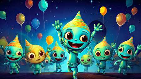 Happy children in carnival costume with balloons in the night sky illustrationの素材