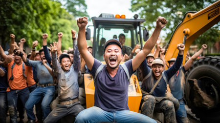 Group of workers on a construction site rejoicing with arms raised.の素材