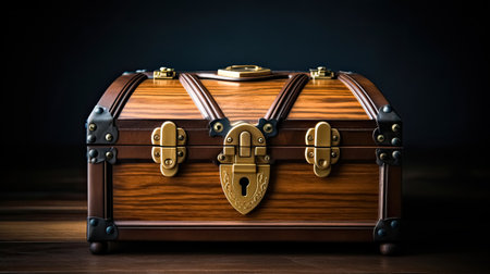 Wooden chest with a combination lock on a dark background. 3d renderingの素材