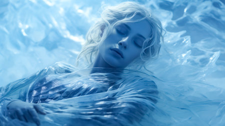 Beautiful girl with long white hair in a blue transparent dress lying in the ice.の素材