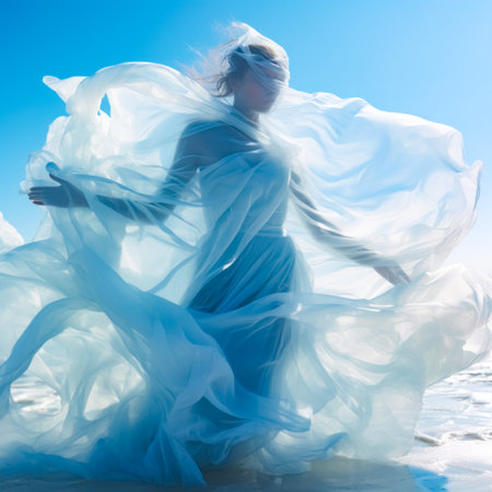 beautiful woman in a transparent dress on the beach in the windの素材