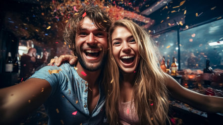 Happy couple taking selfie on smartphone in nightclub with confetti falling downの素材