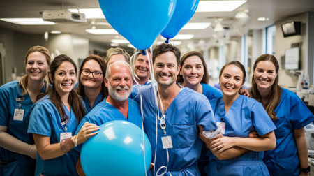 Portrait of smiling medical team standing together in corridor at the hospitalの素材