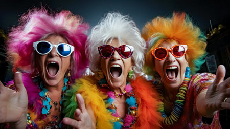 Portrait of a group of women in colorful wig and sunglasses having fun at the partyの素材