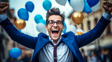 Handsome young man in blue jacket and glasses celebrating with balloonsの素材