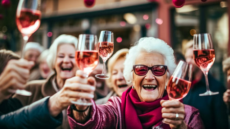 Happy senior women toasting with glasses of wine on a rooftop partyの素材