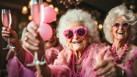 Portrait of cheerful senior women holding glasses of champagne at birthday partyの素材