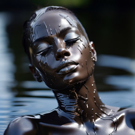 Beautiful young african american woman with silver bodyart in waterの素材