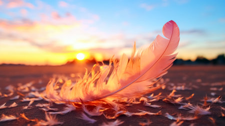 Beautiful feather on the beach at sunset. Nature background with copy space.の素材