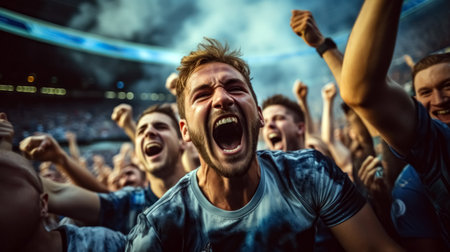 Cheering football fans in the stands of the stadium during the matchの素材