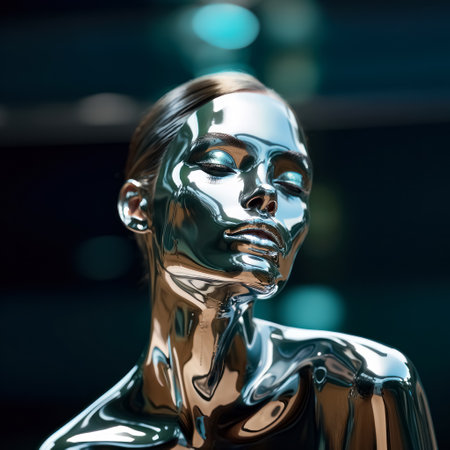 Silver color, metal female face. 3d illustration. Shallow depth of field. a woman's face with metal make-upの素材