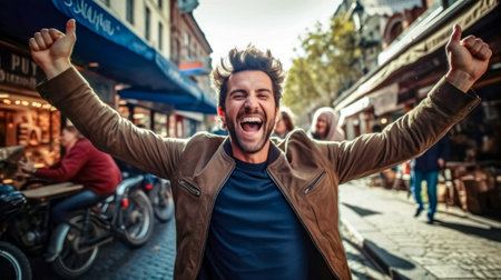 Cheerful young man having fun on the street of a European city.の素材