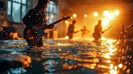 Musician playing electric guitar in night club. Music concert concept.の素材