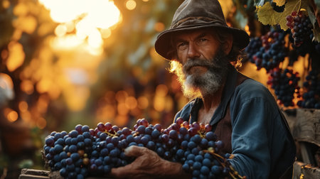 Portrait of senior man harvesting grapes in vineyard at sunset.の素材