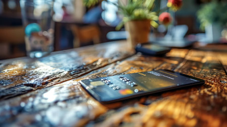 Credit card and calculator on wooden table in coffee shop. Blurred background. shallow depth of field. Selective focus.の素材
