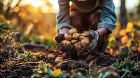 Close-up of a woman's hands holding freshly dug potatoes in the garden.の素材