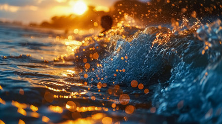 Splashes of water in the sea at sunset. Shallow depth of field.の素材