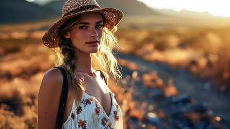 Beautiful young woman in straw hat walking in the field at sunsetの素材