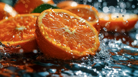 Fresh orange with splashes of water on a dark background. Close-up. Slices of orange with drops of water on a dark background.の素材
