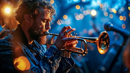 Musician playing the trumpet on stage. Close-up of a bearded man playing the trumpet.の素材