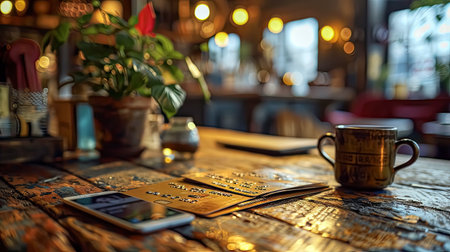Credit card and calculator on wooden table in coffee shop. Blurred background. shallow depth of field. Selective focus.の素材