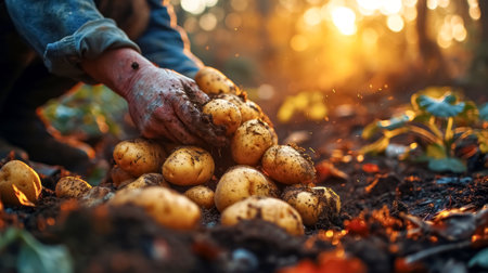 Farmer harvesting potatoes in the field. Selective focus. nature.の素材