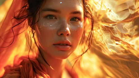 Beauty portrait of a young girl with bright makeup and long hair.の素材