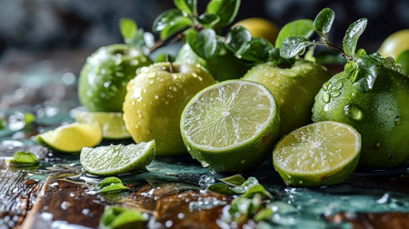 Fresh green lemons green apple and limes with water drops on wooden background. Fresh limes with water splashes on a dark blue background.の素材