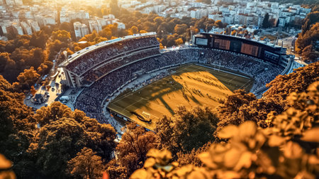 Beautiful aerial view of football Stadium at sunset. Shot taken from the hill near by the stadium.の素材