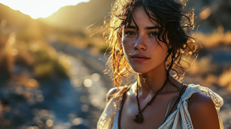 Portrait of a beautiful young woman in the desert at sunset.の素材