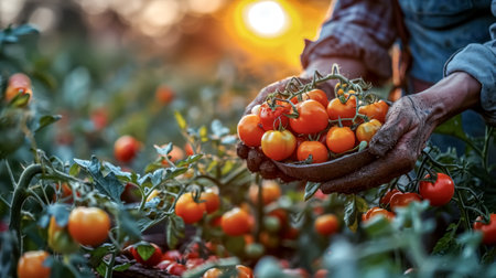Harvesting fresh organic cherry tomatoes in a basket in a farmの素材