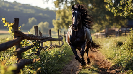Beautiful black stallion trotting in the field at sunsetの素材