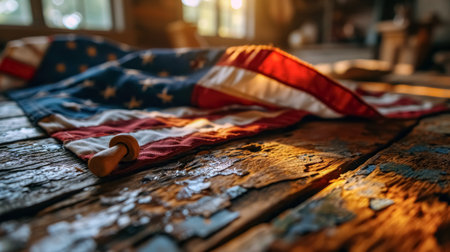 Patriotic American flag on a rustic wooden table. Selective focus.の素材