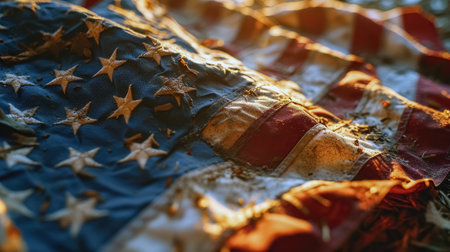 American flag on the beach in the sun. Selective focus.の素材