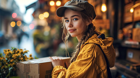 Beautiful young woman in a hat and a yellow jacket is holding a cardboard box in her hands.の素材