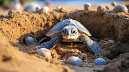 A newly hatched sea turtle taking action to reach the seaの素材